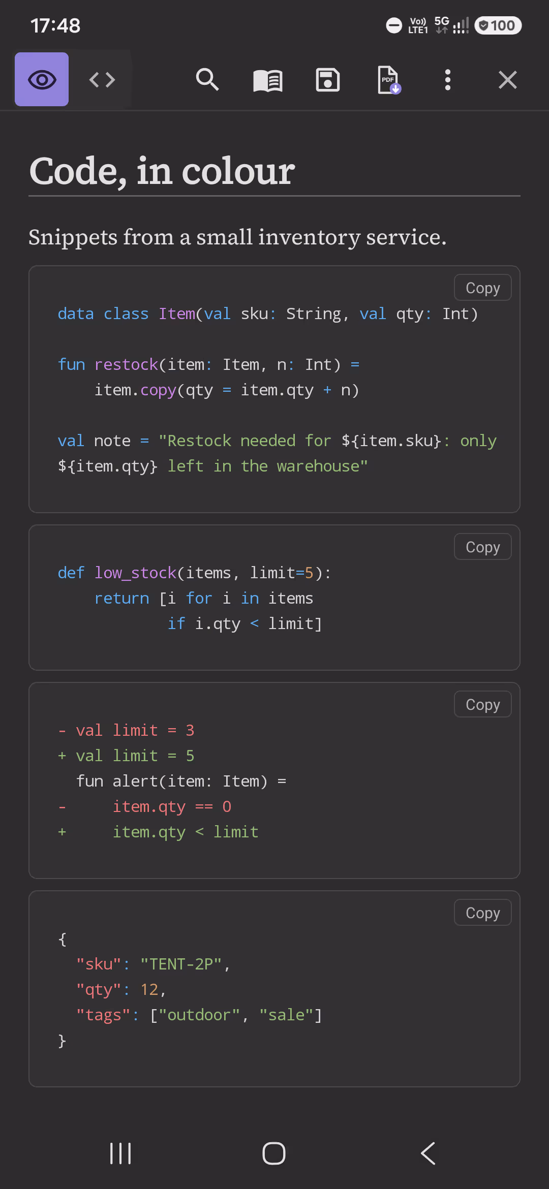 A Markdown document with syntax-highlighted code blocks rendered cleanly in PilcrowMD.