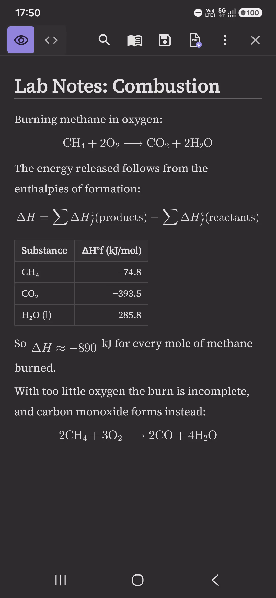 A chemistry note in PilcrowMD with typeset chemical equations, an enthalpy formula and a formatted table.