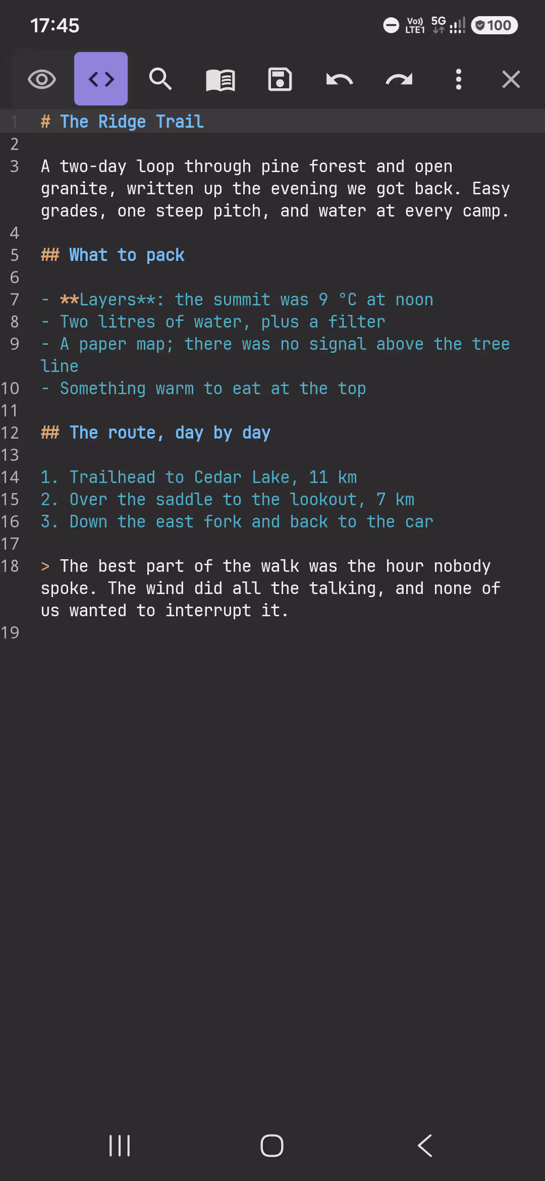 PilcrowMD source editor showing the same note as Markdown, with syntax colours and line numbers.