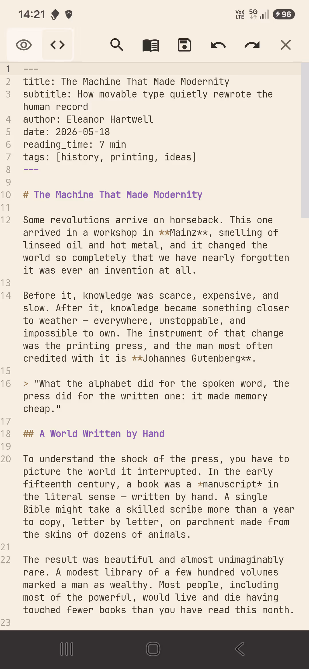 Pilcrow source editor showing Markdown with syntax highlighting and line numbers.