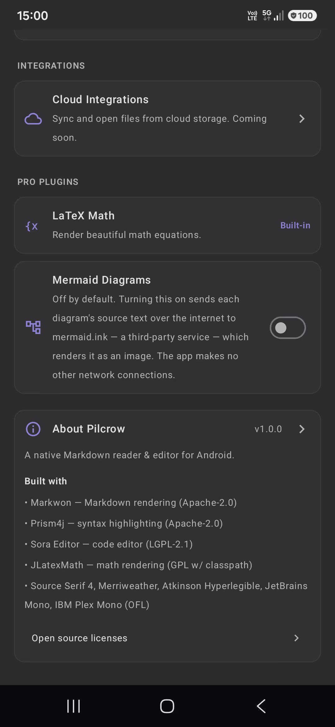 Pilcrow settings screen showing privacy-respecting options with cloud diagram rendering off by default.