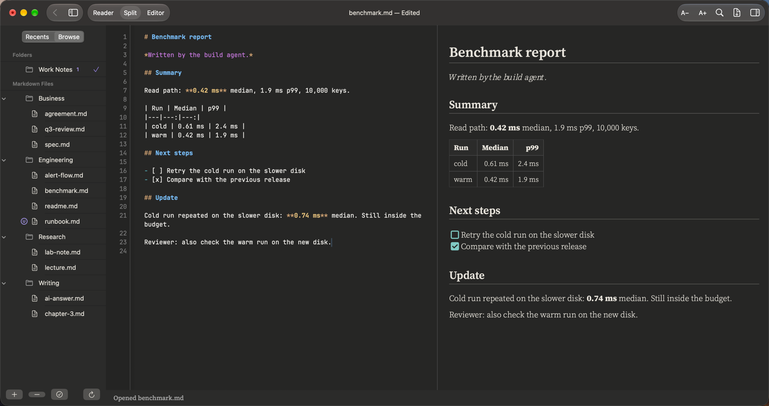PilcrowMD for Mac: Markdown source and the formatted page side by side.