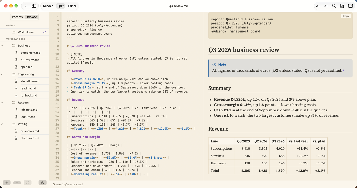PilcrowMD for Mac in Split view, Light theme.