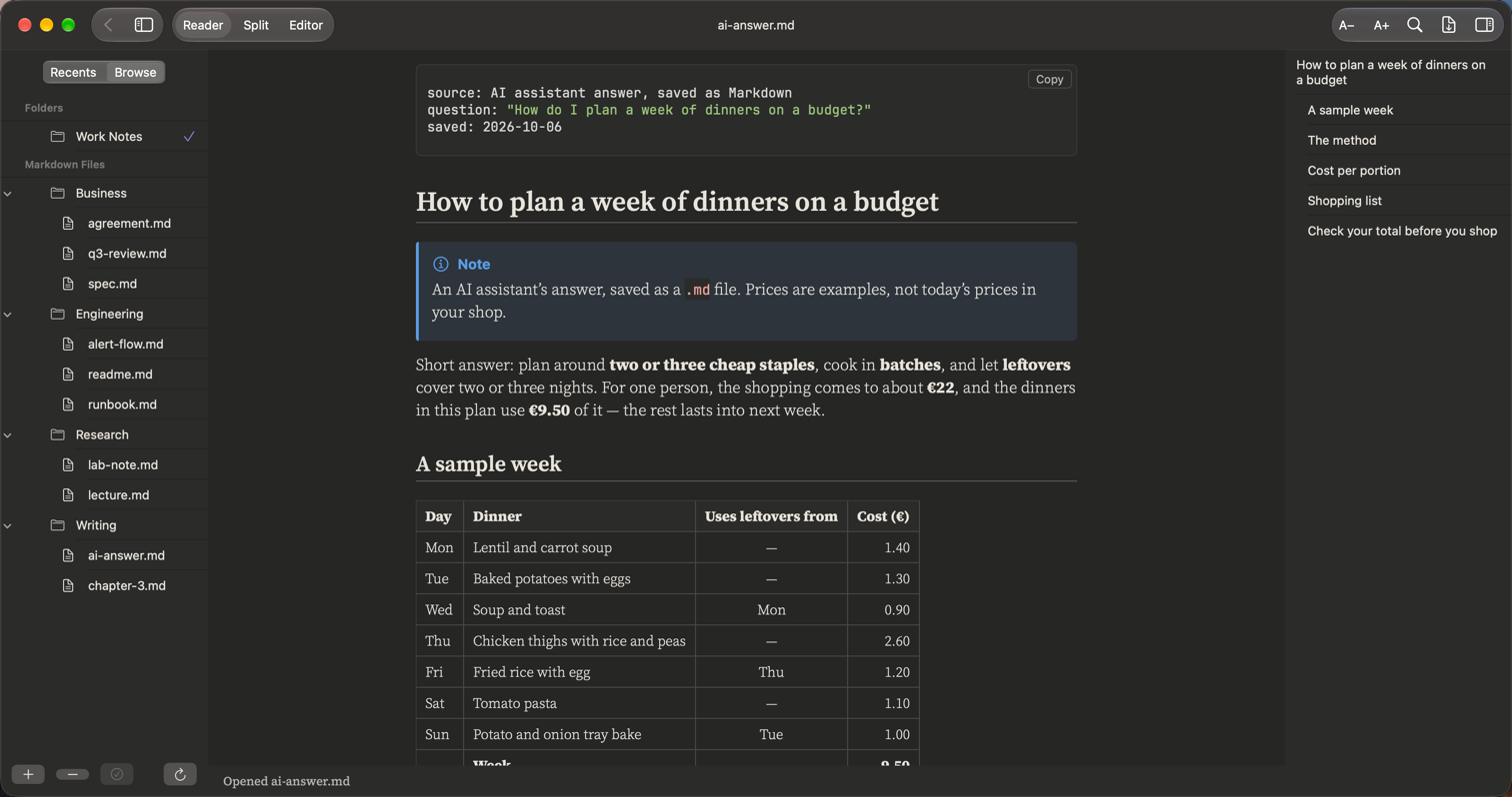 AI answers: Save an answer from any AI assistant as a .md file and read it the way it was meant to look.