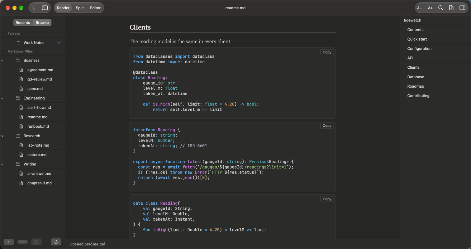 PilcrowMD for Mac showing a README with code in Python, TypeScript and Kotlin, with folders and outline at the sides.